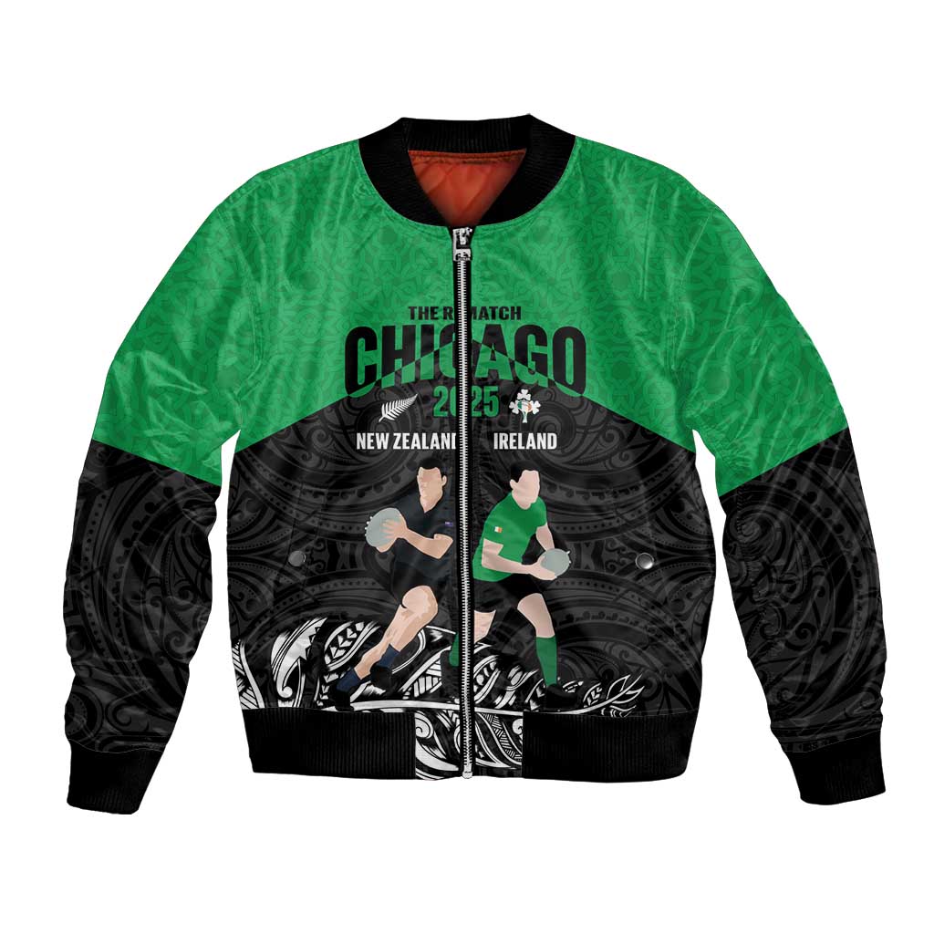 New Zealand and Ireland Rugby Custom Bomber Jacket Chicago 2025 Go All Black Shamrocks LT14 Unisex Black - Polynesian Pride