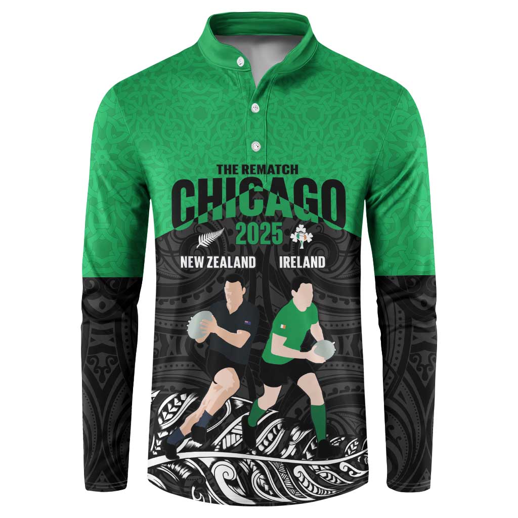 New Zealand and Ireland Rugby Custom Button Sweatshirt Chicago 2025 Go All Black Shamrocks LT14 Black - Polynesian Pride