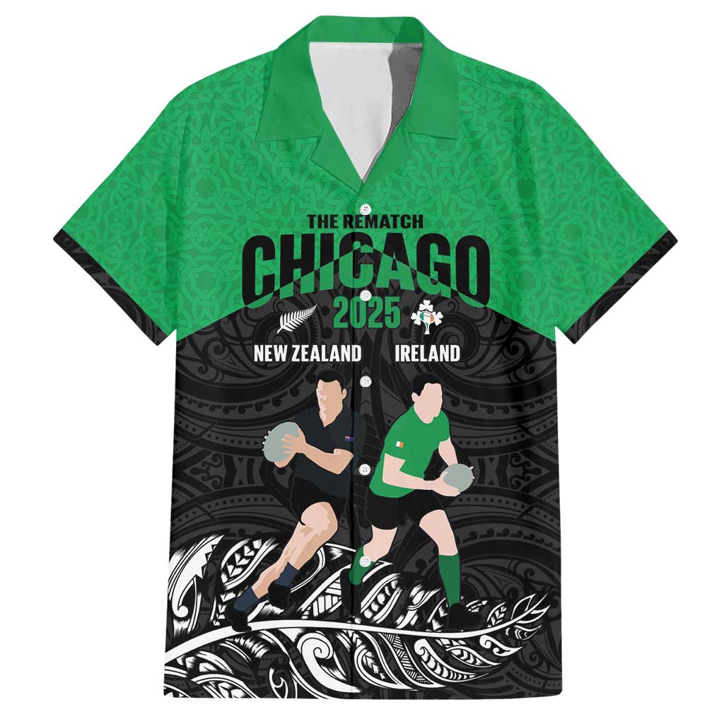 New Zealand and Ireland Rugby Custom Hawaiian Shirt Chicago 2025 Go All Black Shamrocks LT14 Black - Polynesian Pride