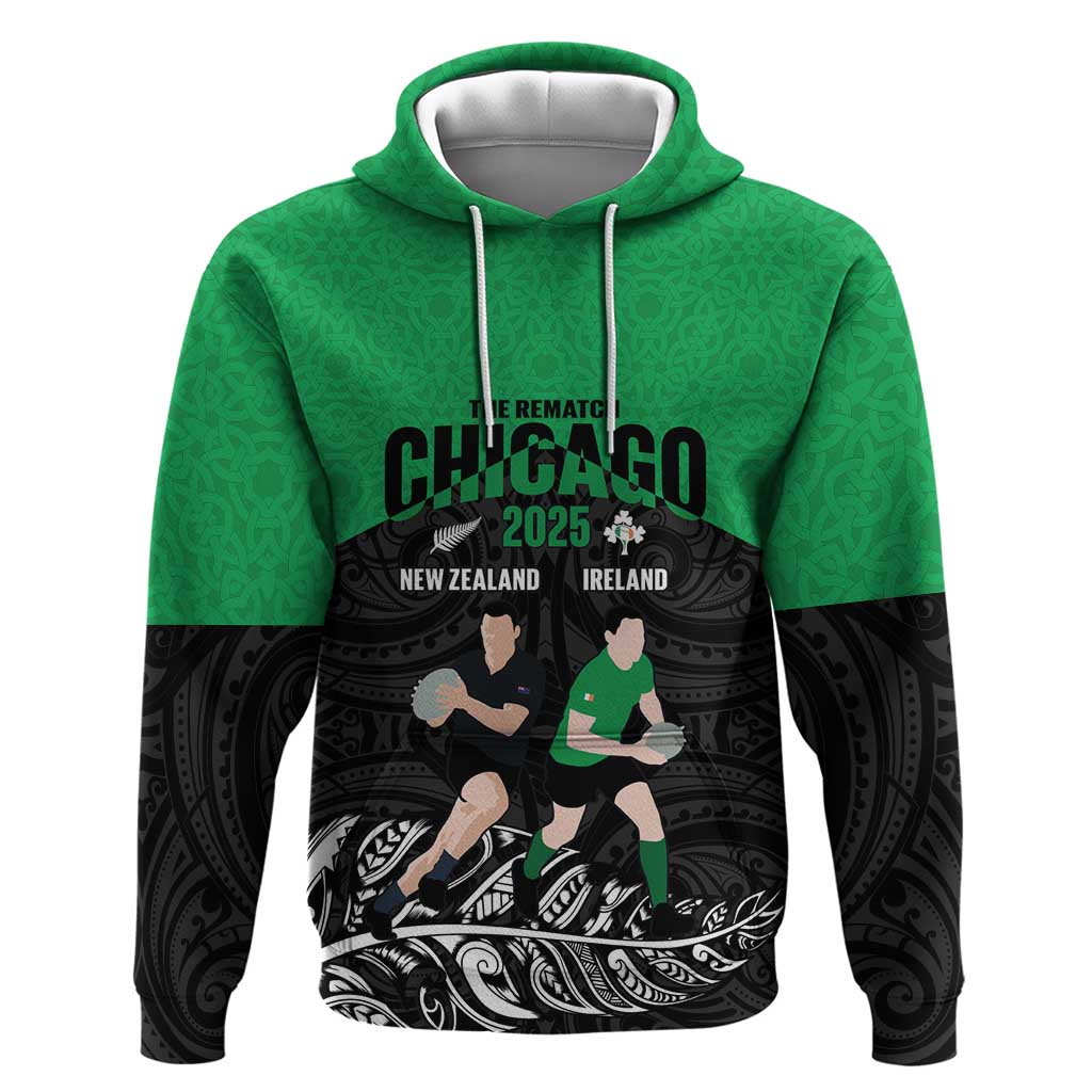 Aotearoa & Ireland Rugby Chicago 2025 – Custom Hoodie – Shamrocks & Silver Fern LT14 Pullover Hoodie Black - Polynesian Pride