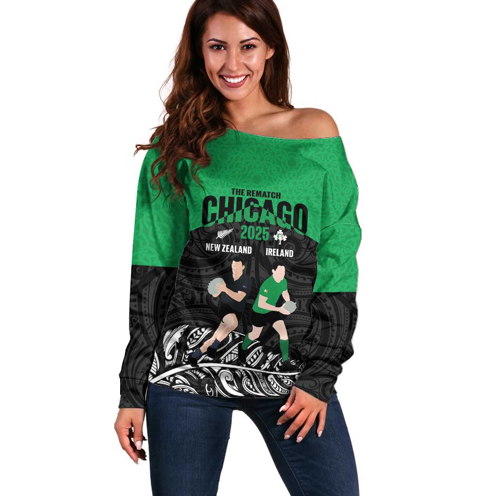 New Zealand and Ireland Rugby Custom Off Shoulder Sweater Chicago 2025 Go All Black Shamrocks LT14 Women Black - Polynesian Pride