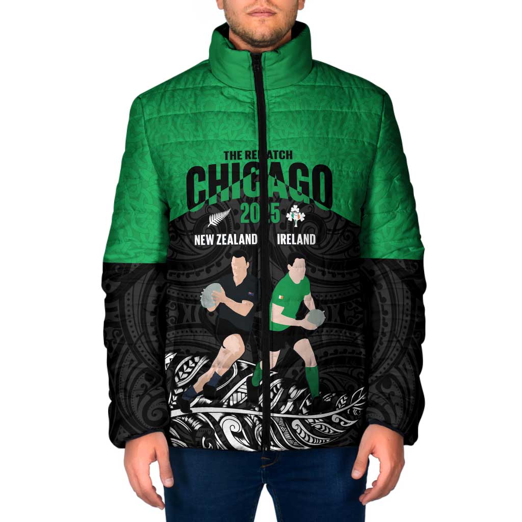 New Zealand and Ireland Rugby Custom Padded Jacket Chicago 2025 Go All Black Shamrocks LT14 Men Black - Polynesian Pride