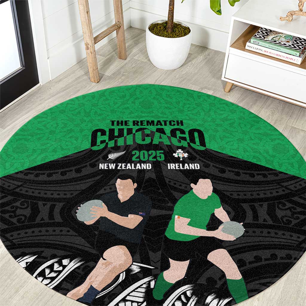 New Zealand and Ireland Rugby Round Carpet Chicago 2025 Go All Black Shamrocks LT14 Black - Polynesian Pride