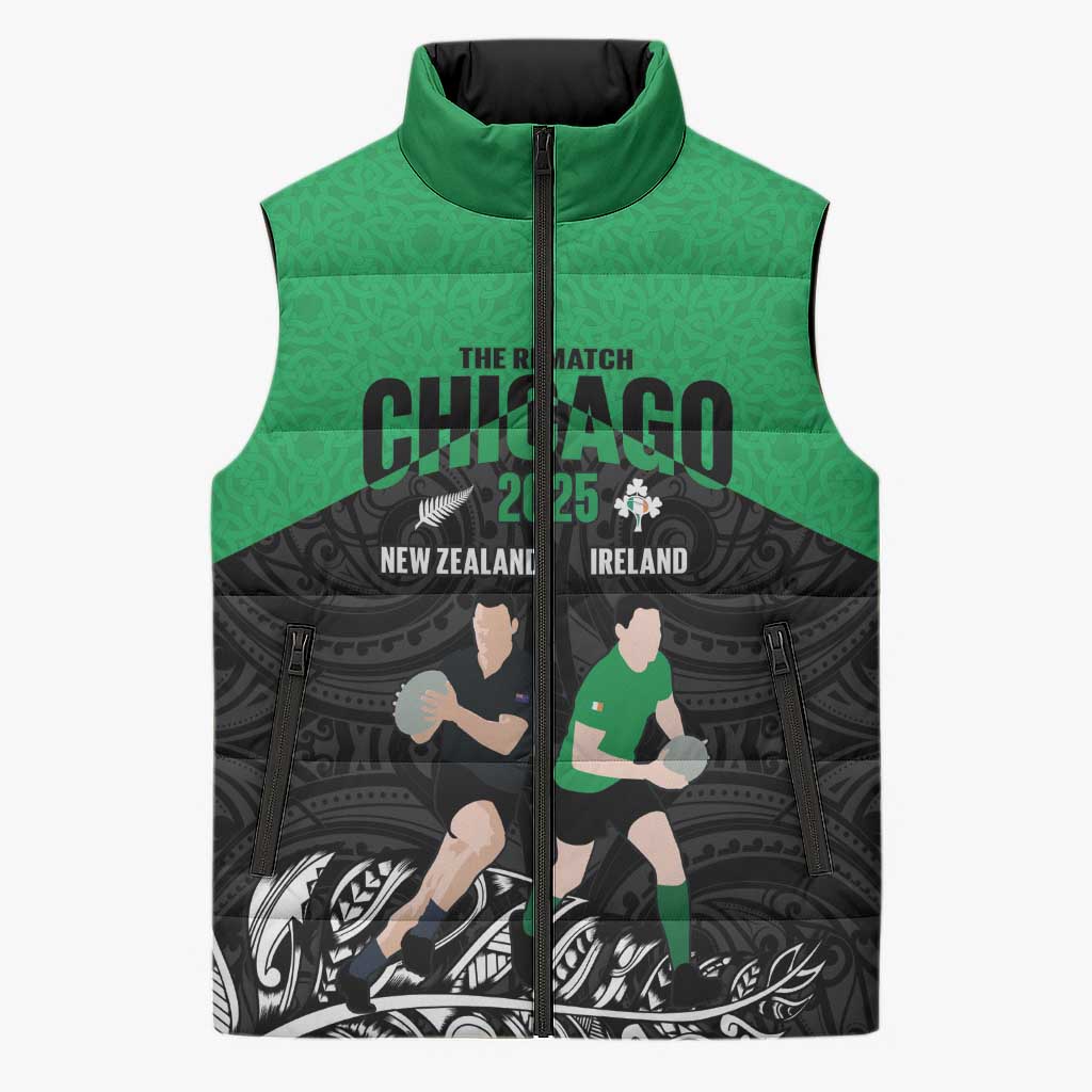 New Zealand and Ireland Rugby Custom Sleeveless Puffer Jacket Chicago 2025 Go All Black Shamrocks LT14 Unisex Black - Polynesian Pride