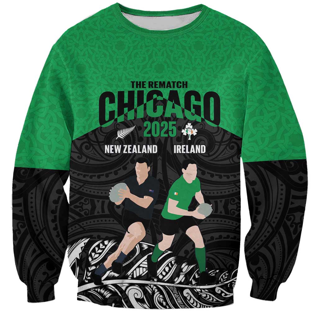 New Zealand and Ireland Rugby Custom Sweatshirt Chicago 2025 Go All Black Shamrocks LT14 Unisex Black - Polynesian Pride