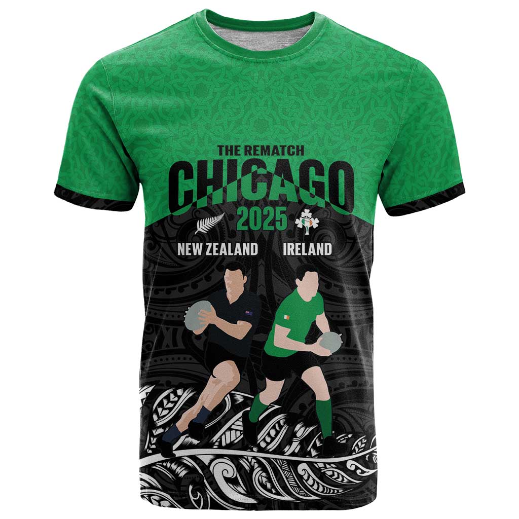 New Zealand and Ireland Rugby Custom T Shirt Chicago 2025 Go All Black Shamrocks LT14 Black - Polynesian Pride