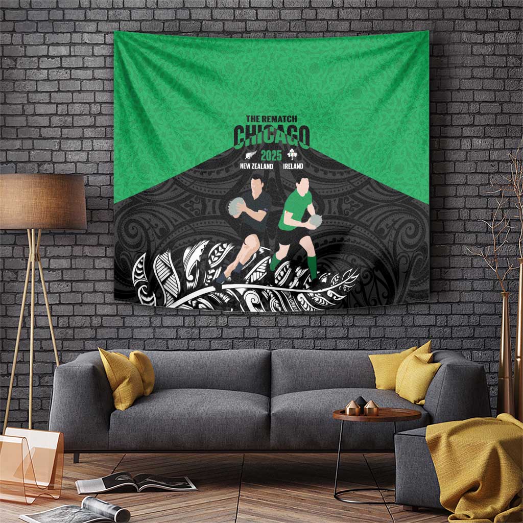 New Zealand and Ireland Rugby Tapestry Chicago 2025 Go All Black Shamrocks LT14 Black - Polynesian Pride
