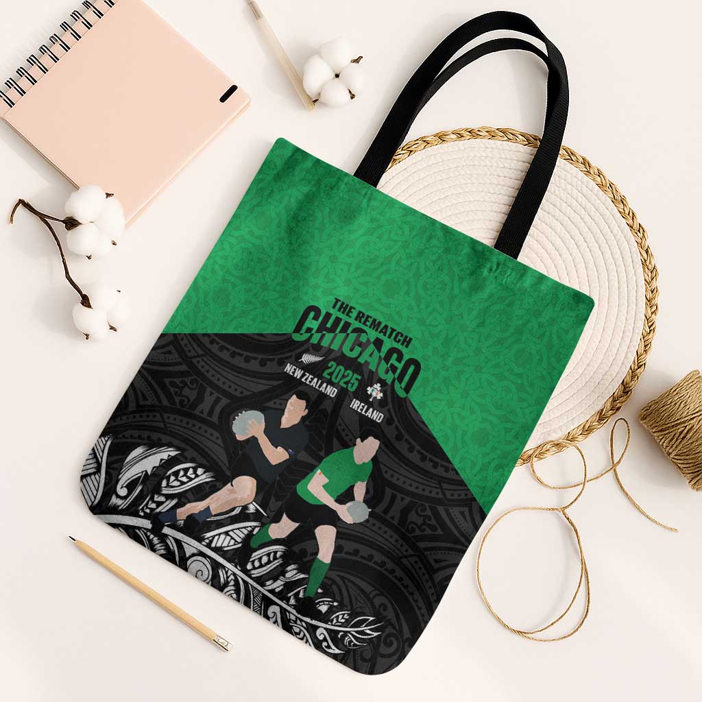 New Zealand and Ireland Rugby Tote Bag Chicago 2025 Go All Black Shamrocks LT14 Black Strap One Size Black - Polynesian Pride