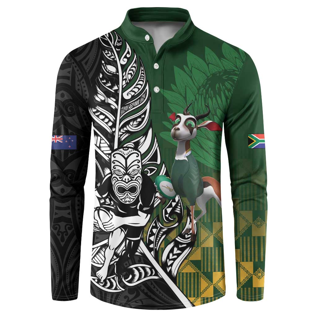 New Zealand and South Africa Rugby Custom Button Sweatshirt Maori Tiki Fern Springboks Kente Pattern LT14 Green - Polynesian Pride