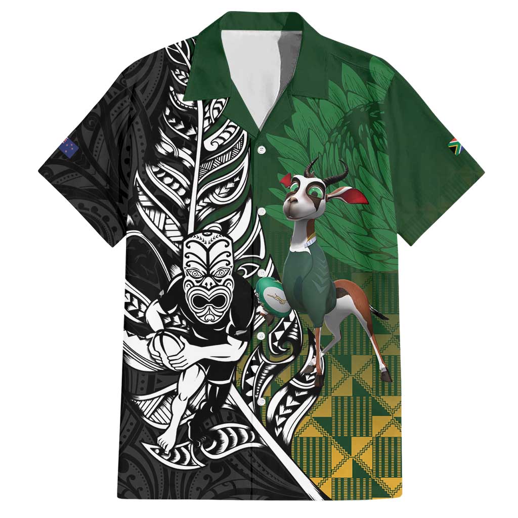 New Zealand and South Africa Rugby Custom Hawaiian Shirt Maori Tiki Fern Springboks Kente Pattern LT14 Green - Polynesian Pride