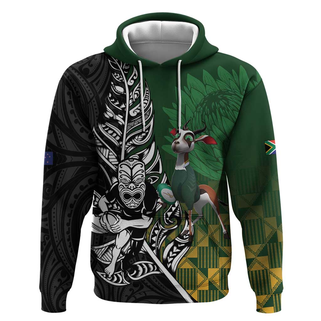 New Zealand and South Africa Rugby Custom Hoodie Maori Tiki Fern Springboks Kente Pattern LT14 Pullover Hoodie Green - Polynesian Pride