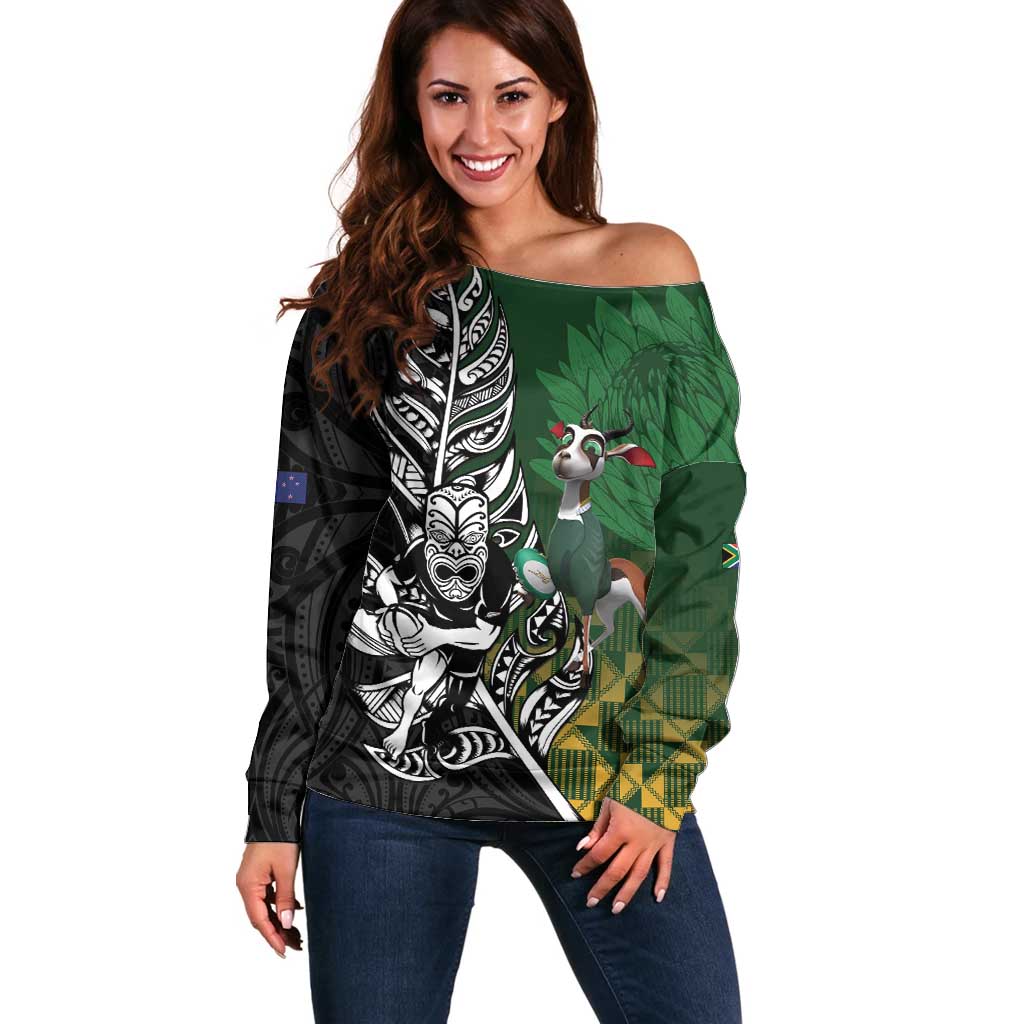 New Zealand and South Africa Rugby Custom Off Shoulder Sweater Maori Tiki Fern Springboks Kente Pattern LT14 Women Green - Polynesian Pride