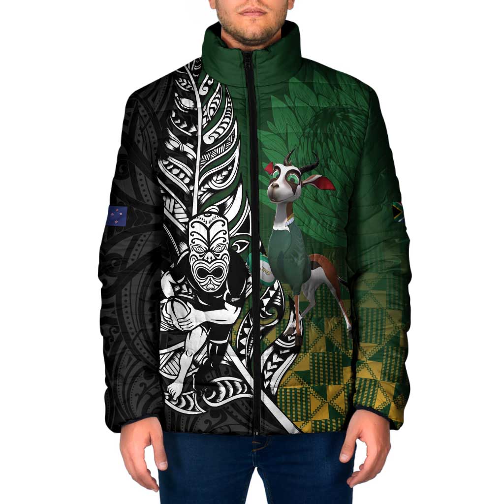 New Zealand and South Africa Rugby Custom Padded Jacket Maori Tiki Fern Springboks Kente Pattern LT14 Men Green - Polynesian Pride