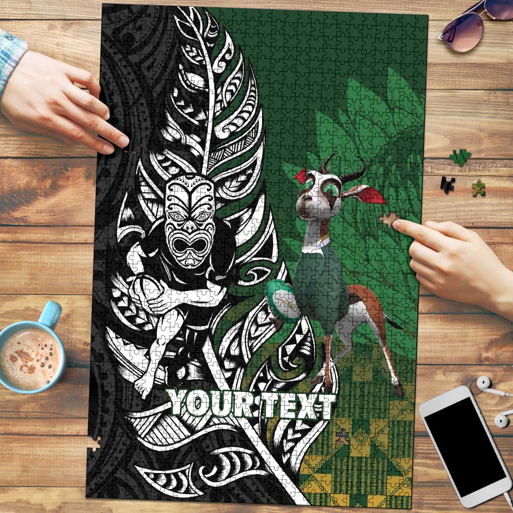 New Zealand and South Africa Rugby Custom Puzzle Maori Tiki Fern Springboks Kente Pattern LT14 Green - Polynesian Pride