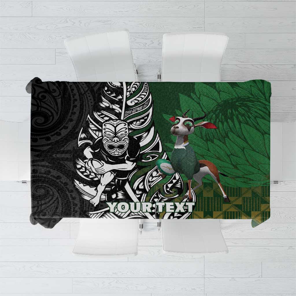 New Zealand and South Africa Rugby Custom Tablecloth Maori Tiki Fern Springboks Kente Pattern LT14 Green - Polynesian Pride