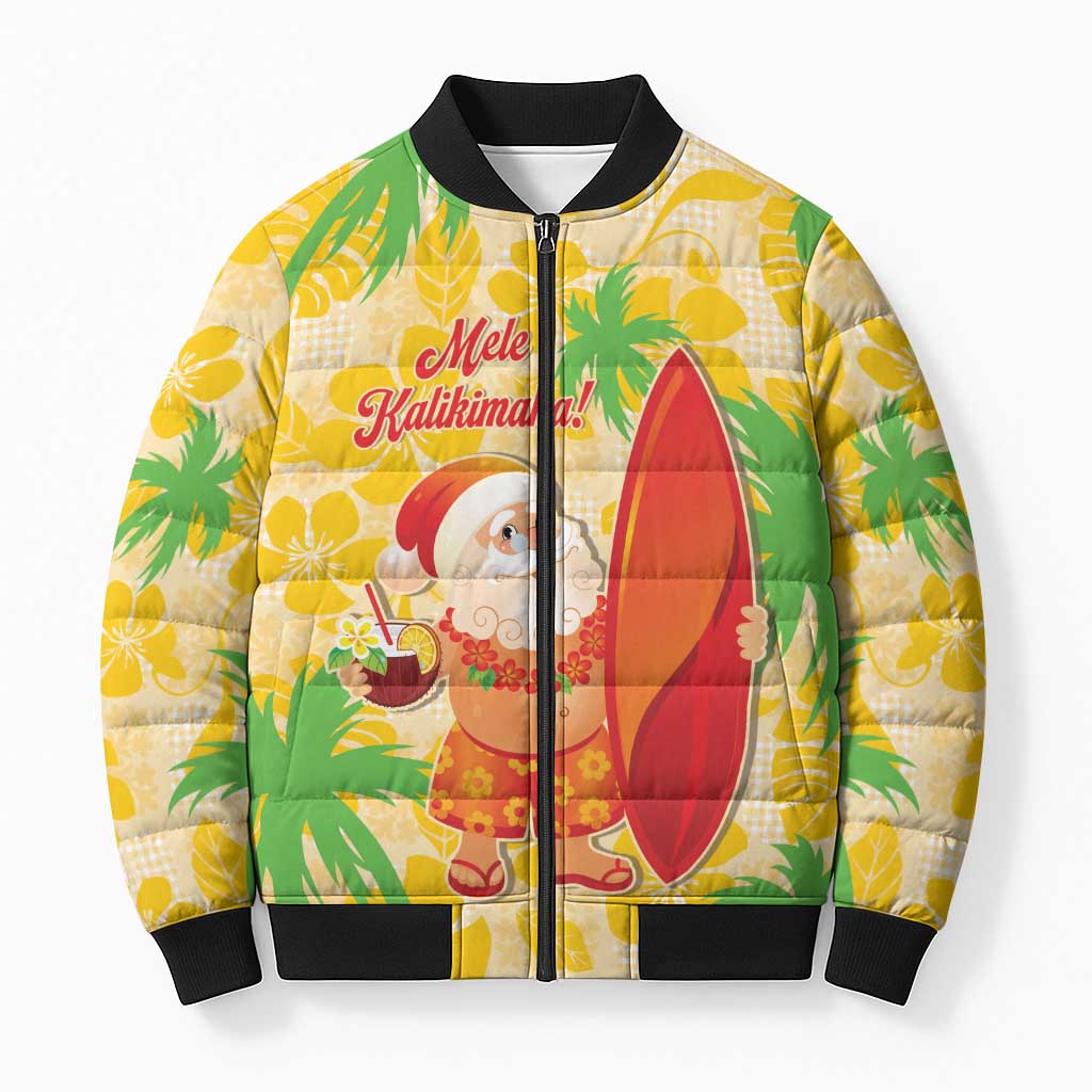 Aloha Hawaii Christmas Bomber Puffer Jacket Mele Kalikimaka Funny Santa Palaka Quilt Motifs LT14 Unisex Yellow - Polynesian Pride