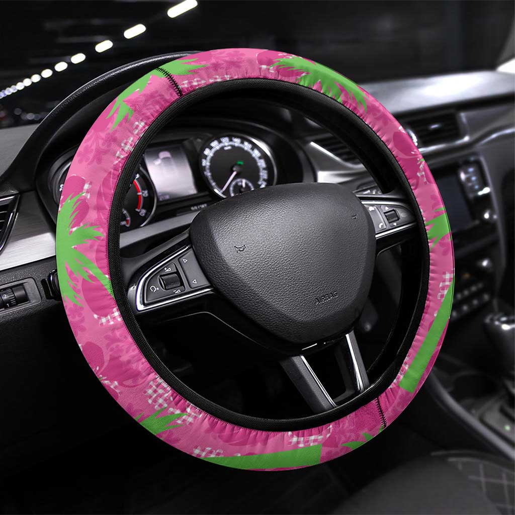 Aloha Hawaii Christmas Steering Wheel Cover Mele Kalikimaka Chill Flamingo Palaka Quilt Motifs LT14 Universal Fit Pink - Polynesian Pride