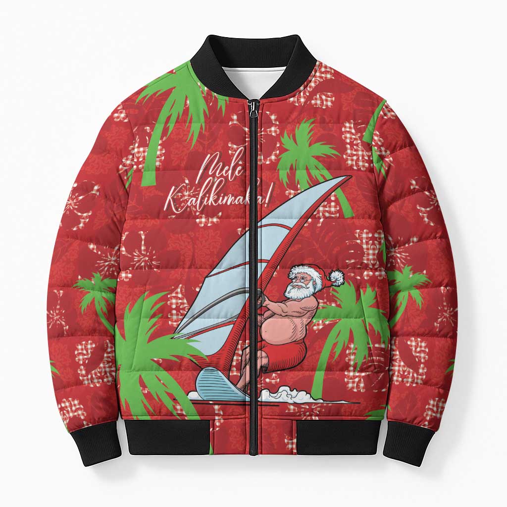 Aloha Hawaii Christmas Bomber Puffer Jacket Mele Kalikimaka Windsurfing Santa Palaka Quilt Motifs LT14 Unisex Red - Polynesian Pride