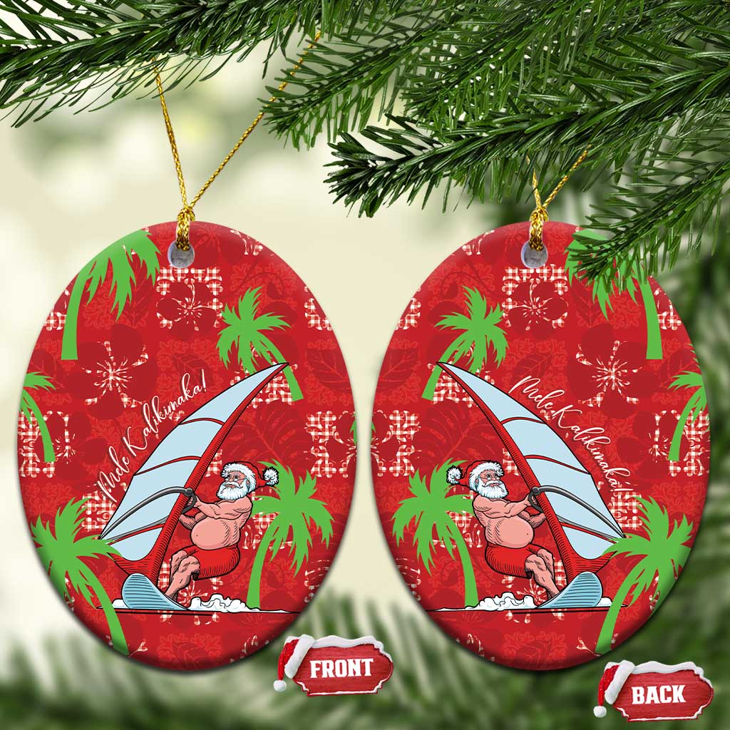 Aloha Hawaii Christmas Ceramic Ornament Mele Kalikimaka Windsurfing Santa Palaka Quilt Motifs LT14 Oval Red - Polynesian Pride