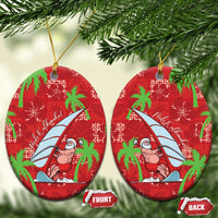 Aloha Hawaii Christmas Ceramic Ornament Mele Kalikimaka Windsurfing Santa Palaka Quilt Motifs LT14 Oval Red - Polynesian Pride