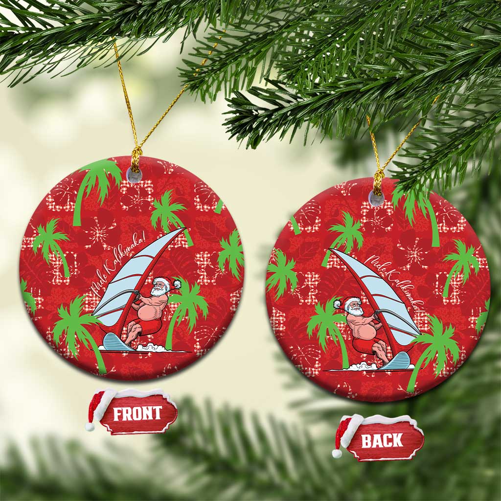 Aloha Hawaii Christmas Ceramic Ornament Mele Kalikimaka Windsurfing Santa Palaka Quilt Motifs LT14 Circle Red - Polynesian Pride