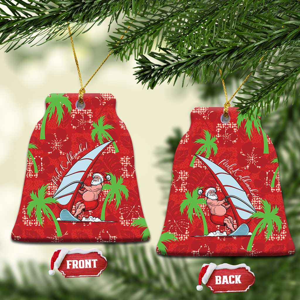 Aloha Hawaii Christmas Ceramic Ornament Mele Kalikimaka Windsurfing Santa Palaka Quilt Motifs LT14 Bell Flake Red - Polynesian Pride