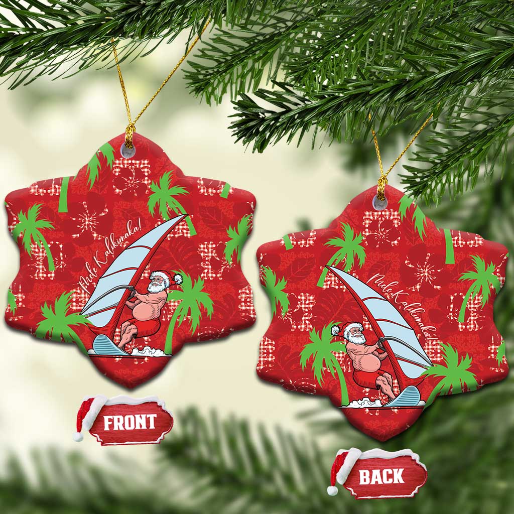 Aloha Hawaii Christmas Ceramic Ornament Mele Kalikimaka Windsurfing Santa Palaka Quilt Motifs LT14 Snow Flake Red - Polynesian Pride
