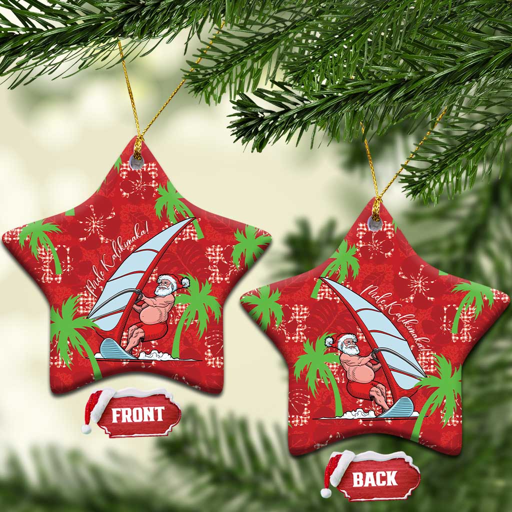 Aloha Hawaii Christmas Ceramic Ornament Mele Kalikimaka Windsurfing Santa Palaka Quilt Motifs LT14 Star Red - Polynesian Pride