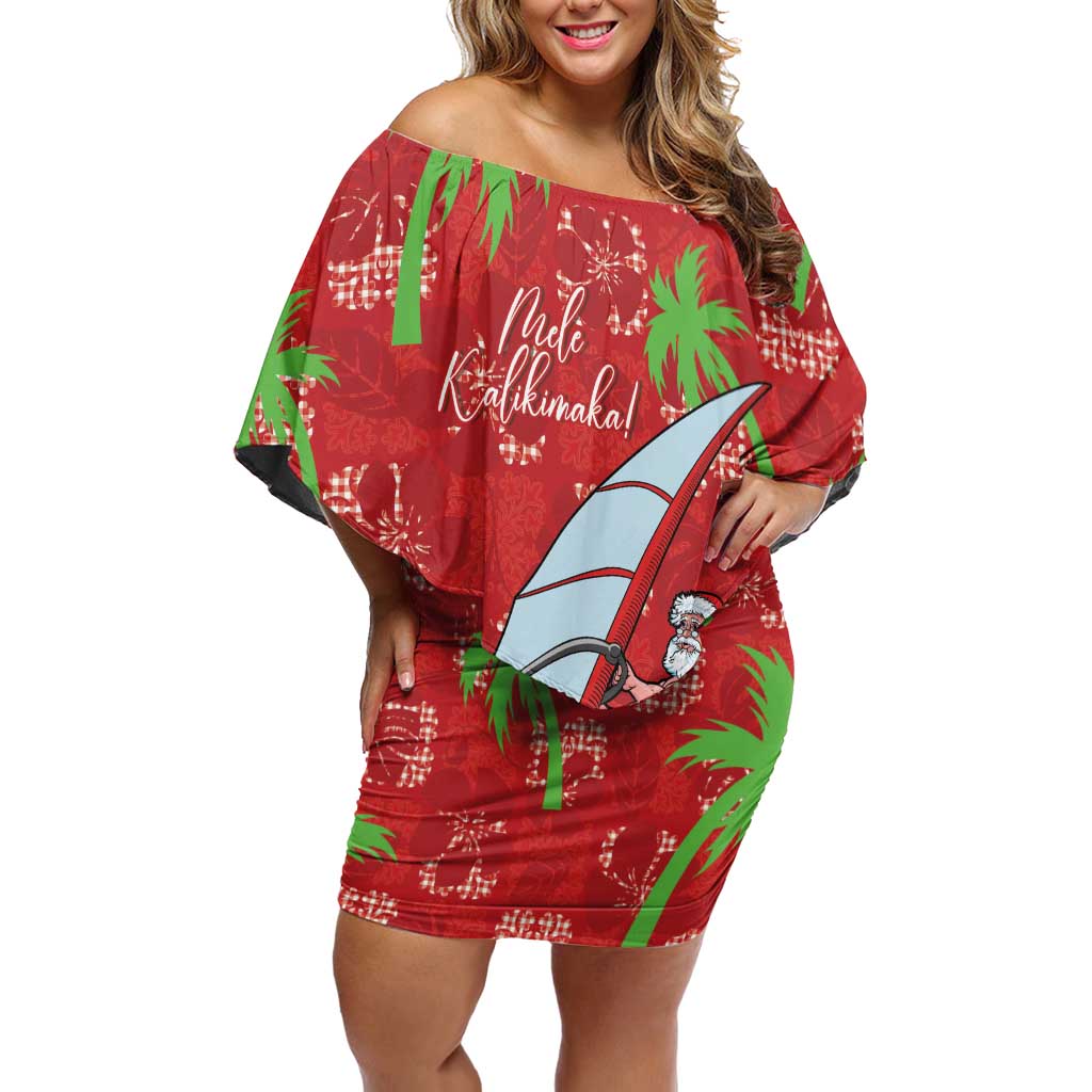 Aloha Hawaii Christmas Off Shoulder Short Dress Mele Kalikimaka Windsurfing Santa Palaka Quilt Motifs LT14 Women Red - Polynesian Pride