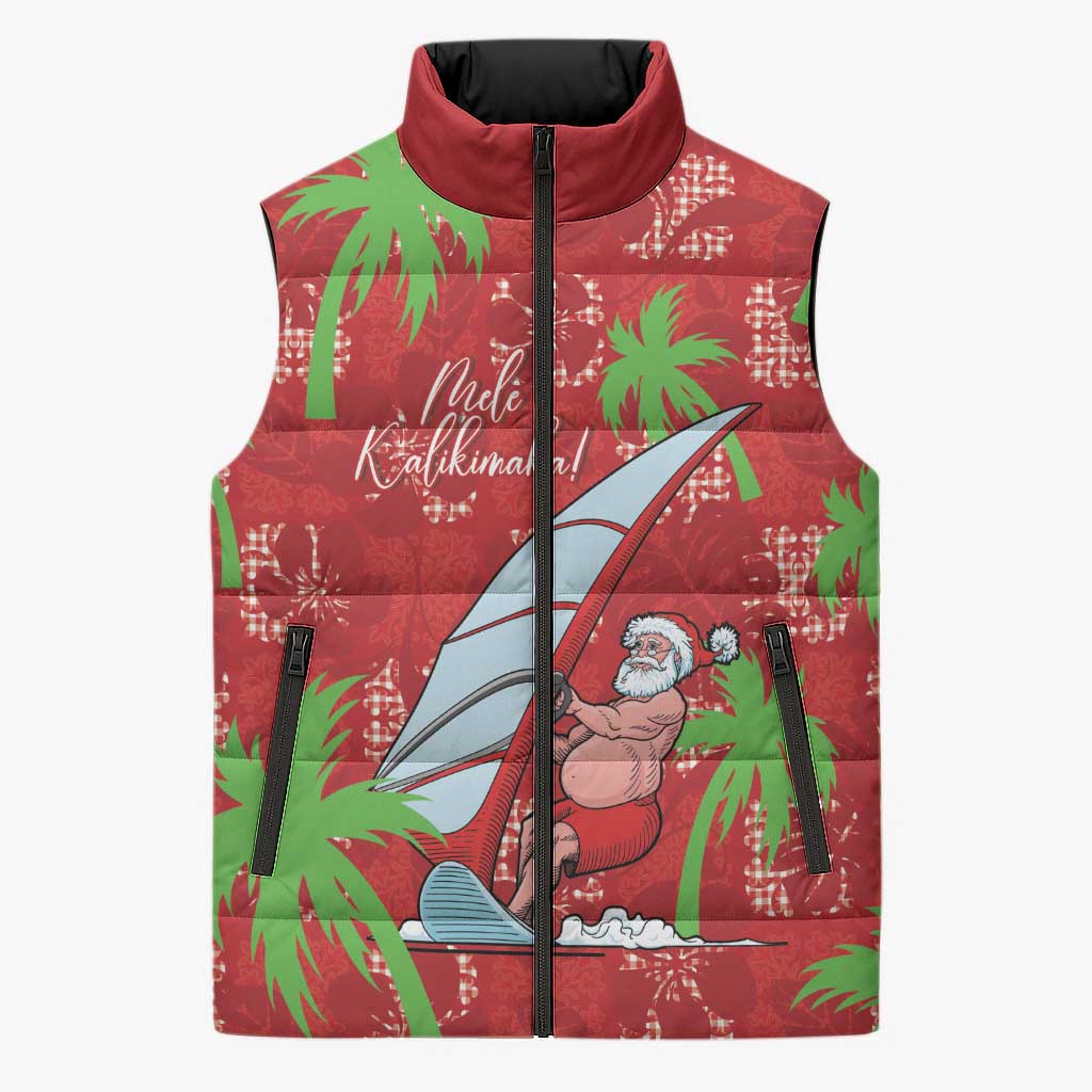 Aloha Hawaii Christmas Sleeveless Puffer Jacket Mele Kalikimaka Windsurfing Santa Palaka Quilt Motifs LT14 Unisex Red - Polynesian Pride