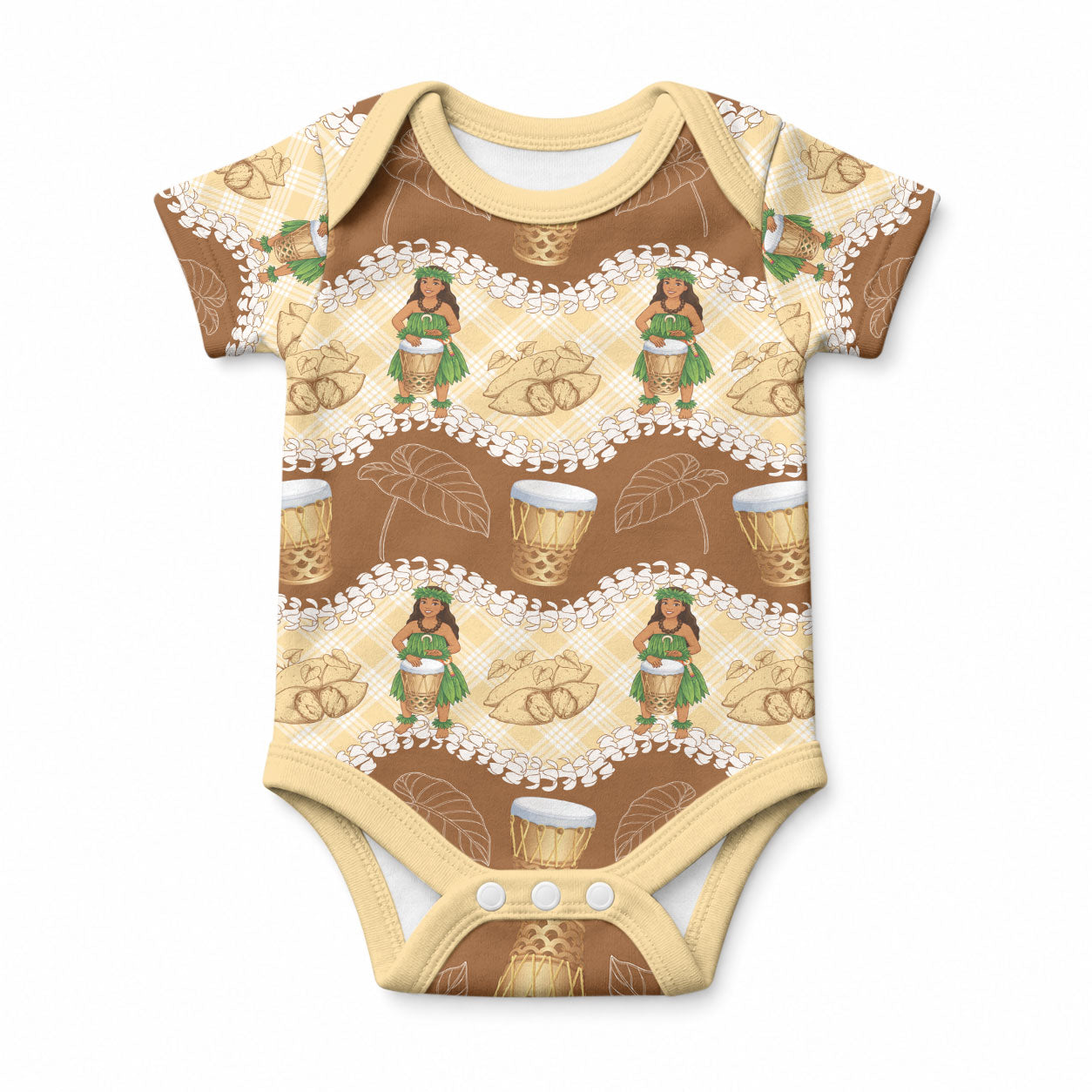 Hula Pahu Hawaii Makahiki Baby Onesie Hawaiian Puakenikeni Lei Kalo Uala Palaka Motifs LT14 Brown - Polynesian Pride