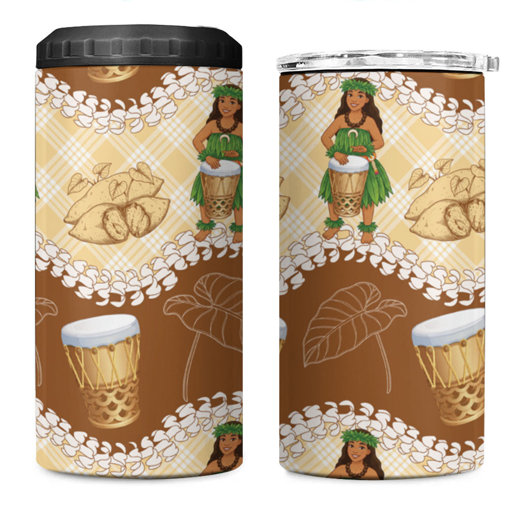 Hula Pahu Hawaii Makahiki 4 in 1 Can Cooler Tumbler Hawaiian Puakenikeni Lei Kalo Uala Palaka Motifs LT14 One Size: 16 oz Brown - Polynesian Pride