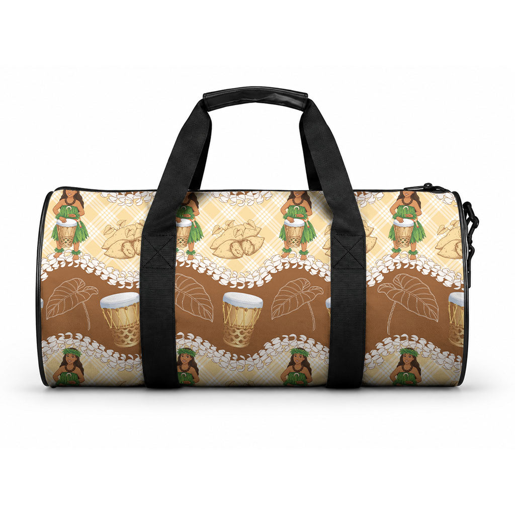 Hula Pahu Hawaii Makahiki Duffle Bag Hawaiian Puakenikeni Lei Kalo Uala Palaka Motifs LT14 One size Brown - Polynesian Pride