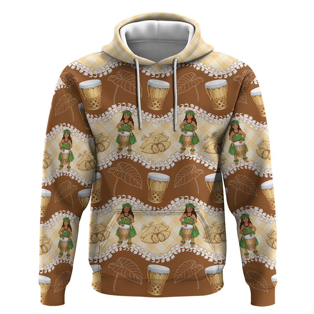 Hula Pahu Hawaii Makahiki Hoodie Hawaiian Puakenikeni Lei Kalo Uala Palaka Motifs LT14 Pullover Hoodie Brown - Polynesian Pride