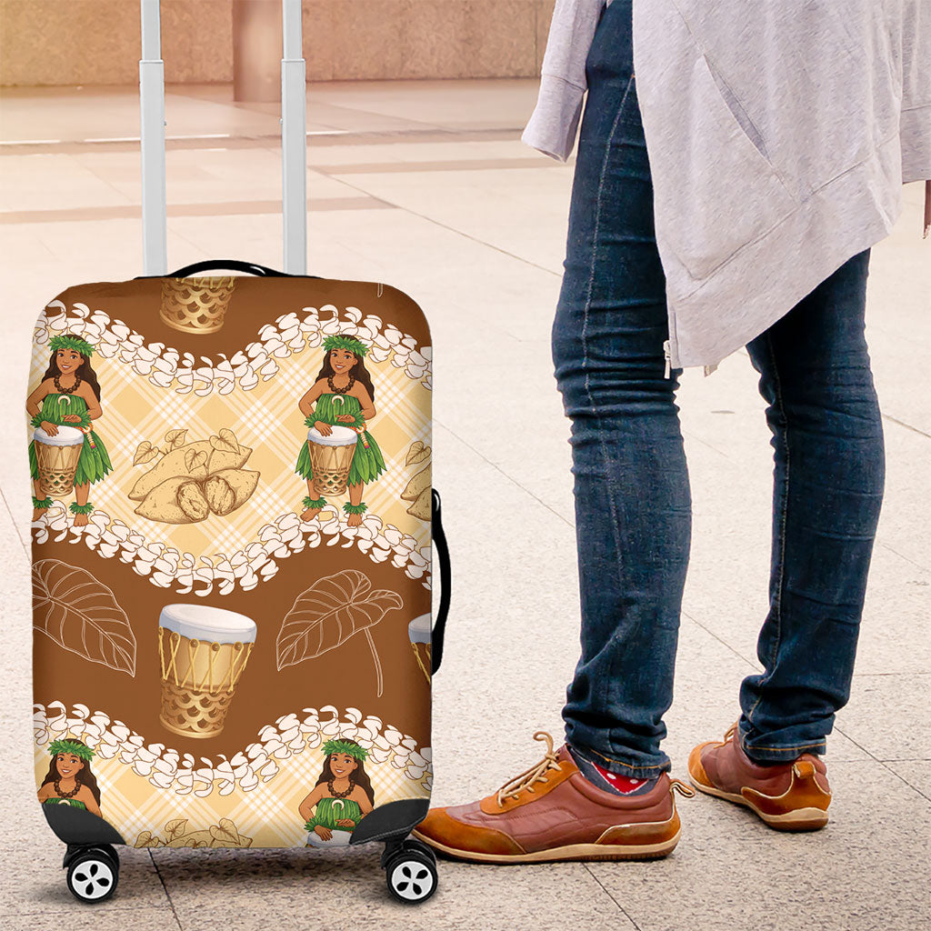 Hula Pahu Hawaii Makahiki Luggage Cover Hawaiian Puakenikeni Lei Kalo Uala Palaka Motifs LT14 Brown - Polynesian Pride