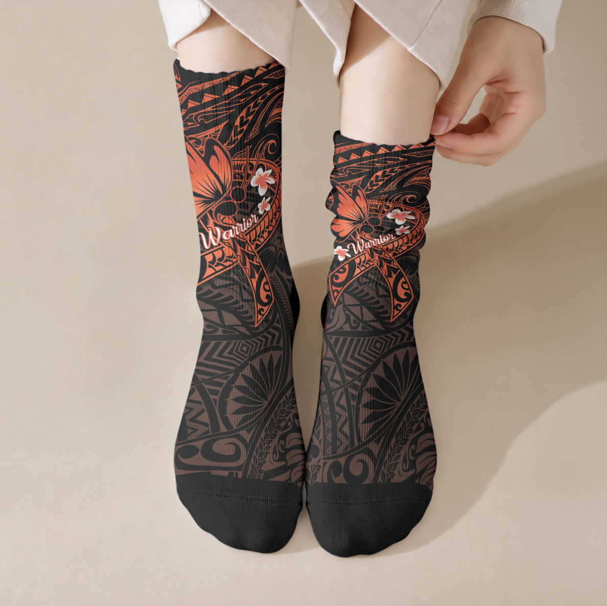 Polynesia Leukemia Awareness Month Crew Socks Warrior Butterfly Polynesian Orange Ribbon LT14 Crew Socks Orange - Polynesian Pride