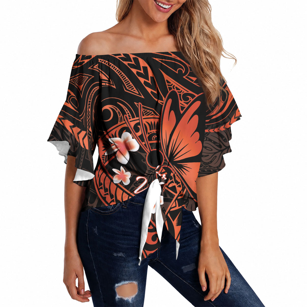 Polynesia Leukemia Awareness Month Off Shoulder Wrap Waist Top Warrior Butterfly Polynesian Orange Ribbon LT14 Orange - Polynesian Pride
