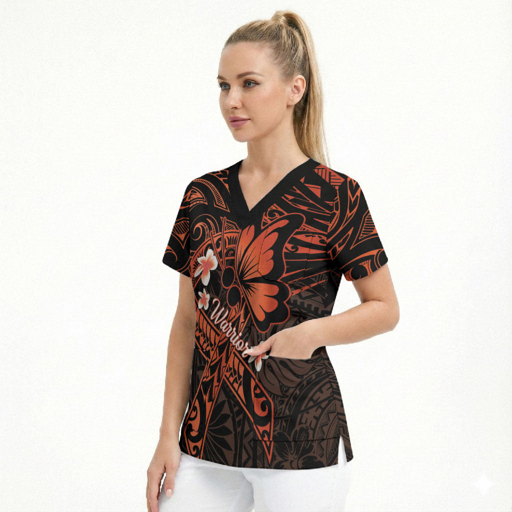 Polynesia Leukemia Awareness Month Scrub Top Warrior Butterfly Polynesian Orange Ribbon LT14 - Polynesian Pride