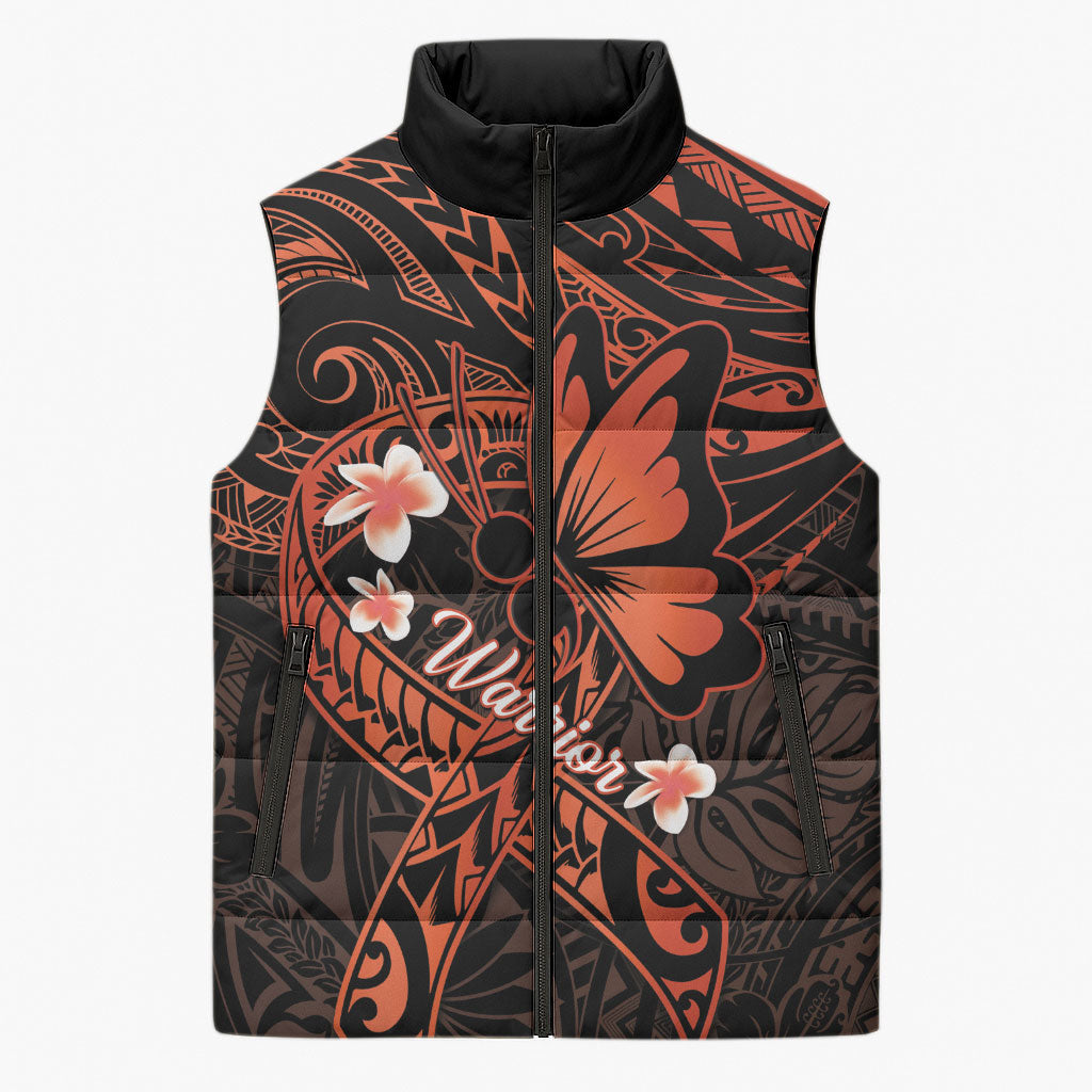 Polynesia Leukemia Awareness Month Sleeveless Puffer Jacket Warrior Butterfly Polynesian Orange Ribbon LT14 Unisex Orange - Polynesian Pride