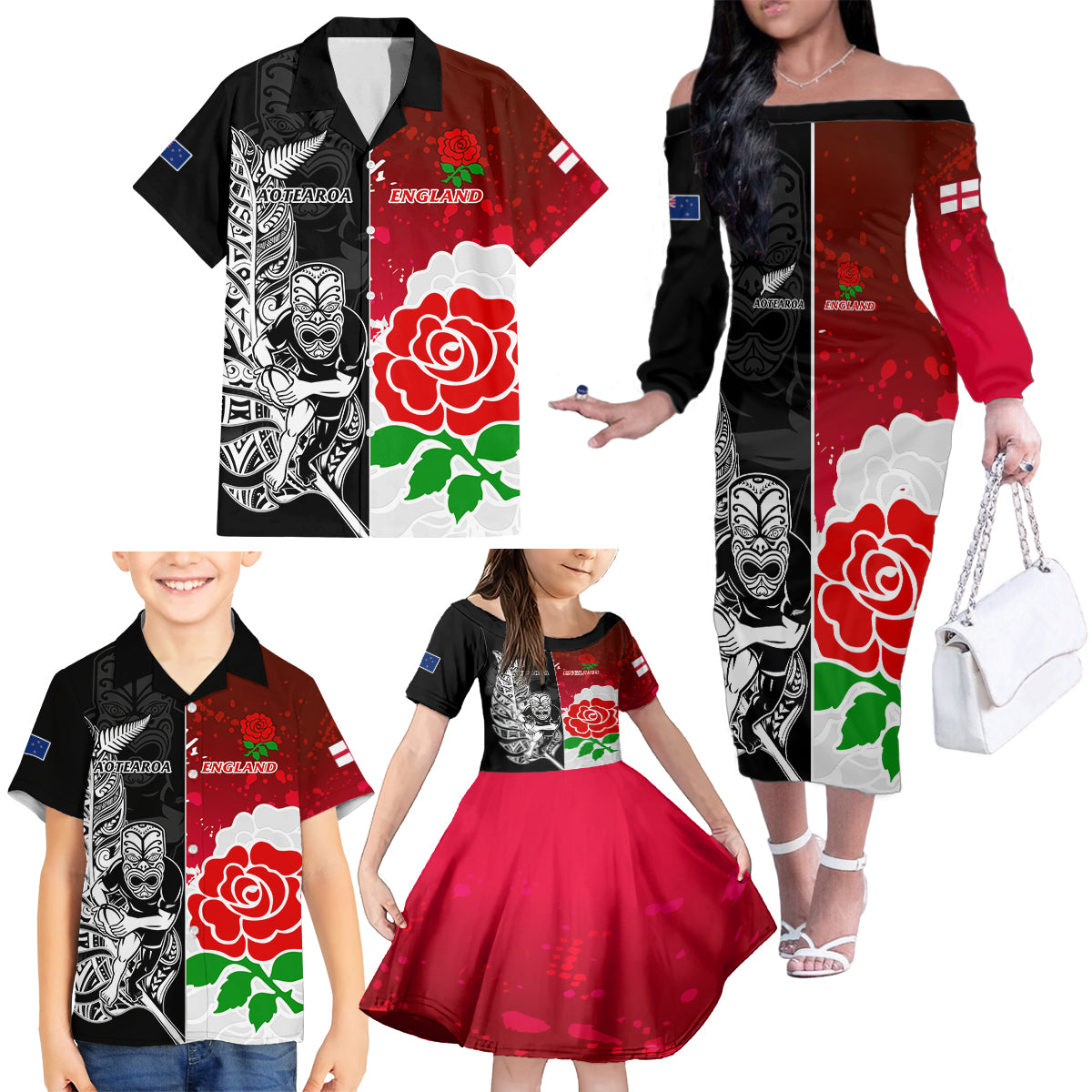 New Zealand And England Rugby Family Matching Off Shoulder Long Sleeve Dress and Hawaiian Shirt 2023 World Cup All Black Combine Red Roses LT14 - Polynesian Pride