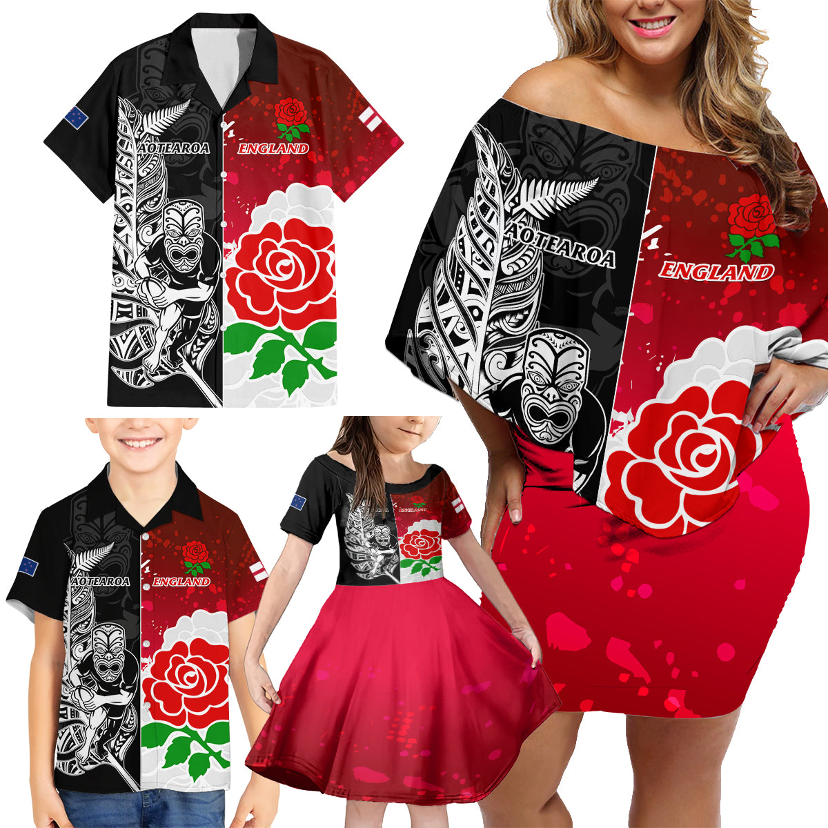 New Zealand And England Rugby Family Matching Off Shoulder Short Dress and Hawaiian Shirt 2023 World Cup All Black Combine Red Roses LT14 - Polynesian Pride