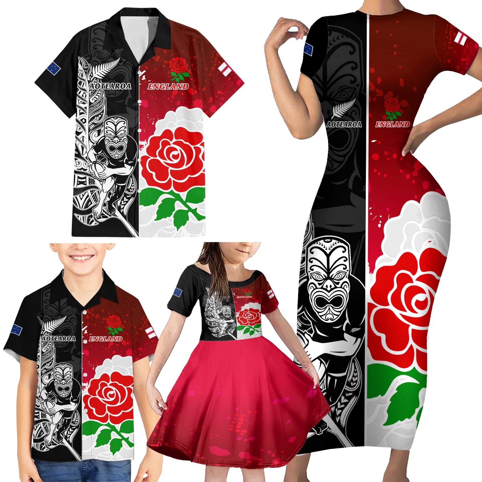 New Zealand And England Rugby Family Matching Short Sleeve Bodycon Dress and Hawaiian Shirt 2023 World Cup All Black Combine Red Roses LT14 - Polynesian Pride