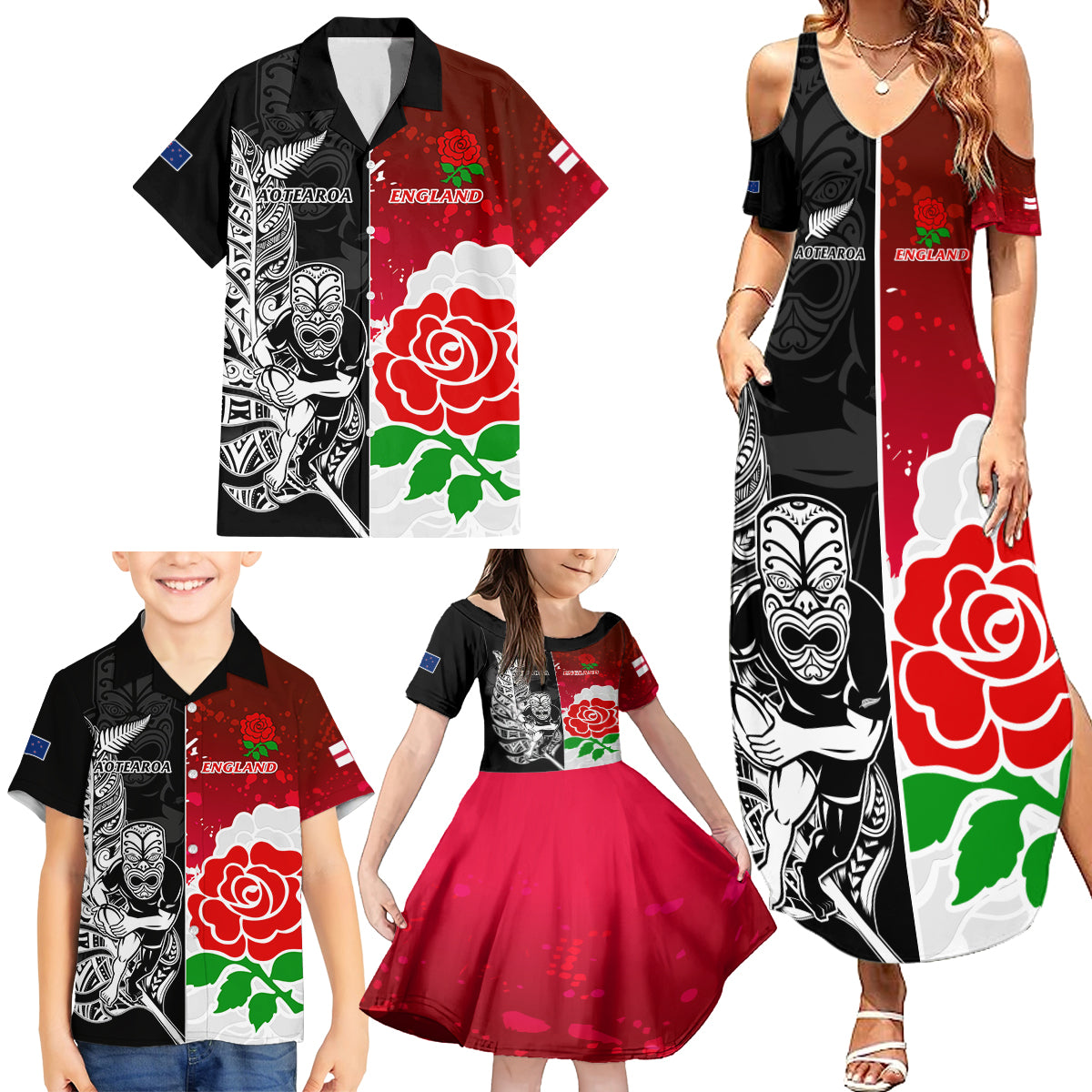 New Zealand And England Rugby Family Matching Summer Maxi Dress and Hawaiian Shirt 2023 World Cup All Black Combine Red Roses LT14 - Polynesian Pride