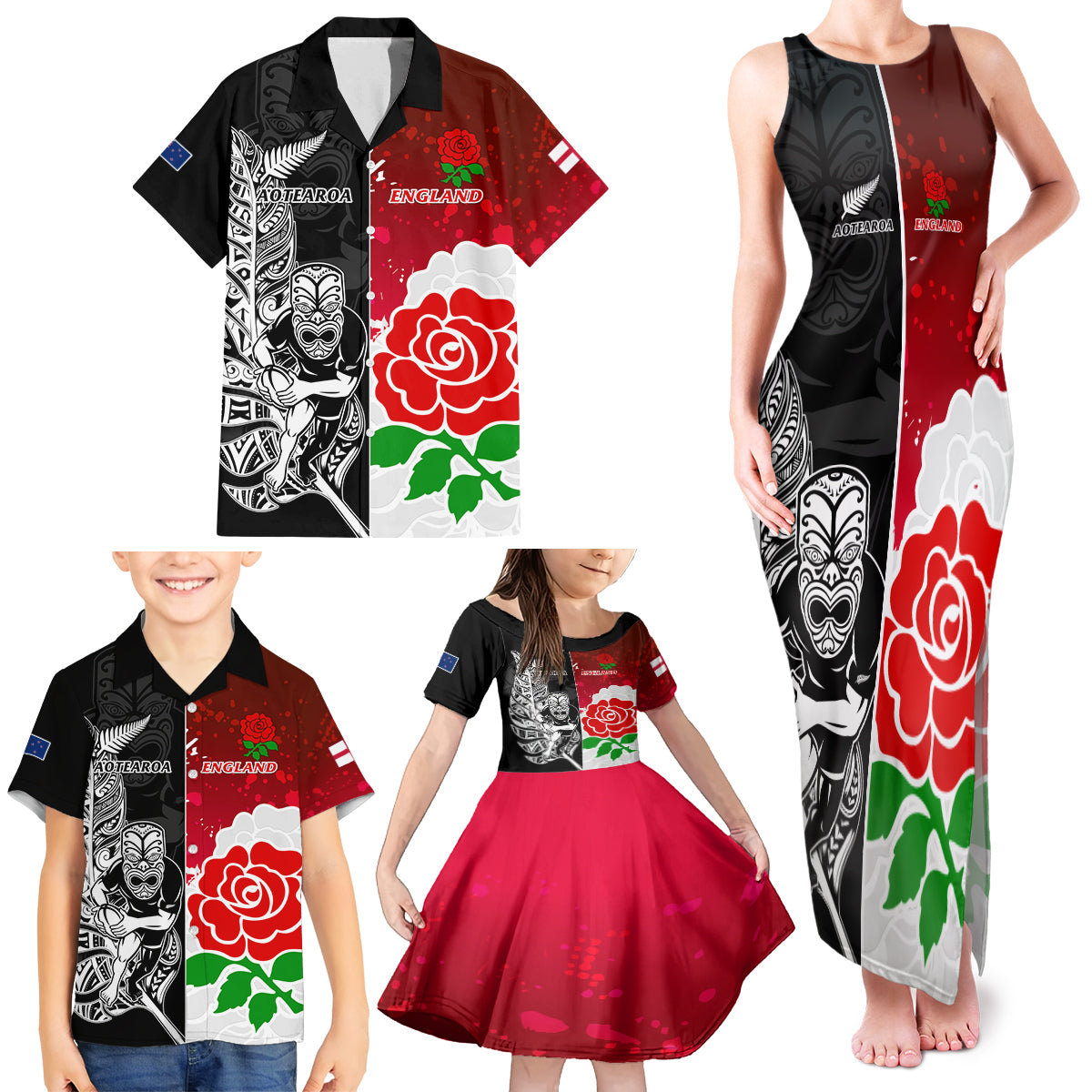 New Zealand And England Rugby Family Matching Tank Maxi Dress and Hawaiian Shirt 2023 World Cup All Black Combine Red Roses LT14 - Polynesian Pride