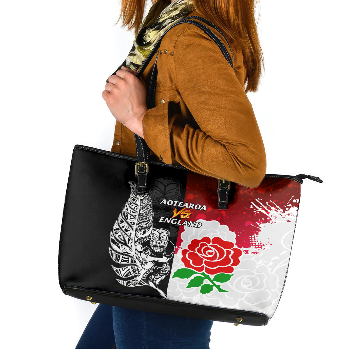 New Zealand And England Rugby Leather Tote Bag 2023 World Cup All Black Combine Red Roses LT14 Black - Polynesian Pride