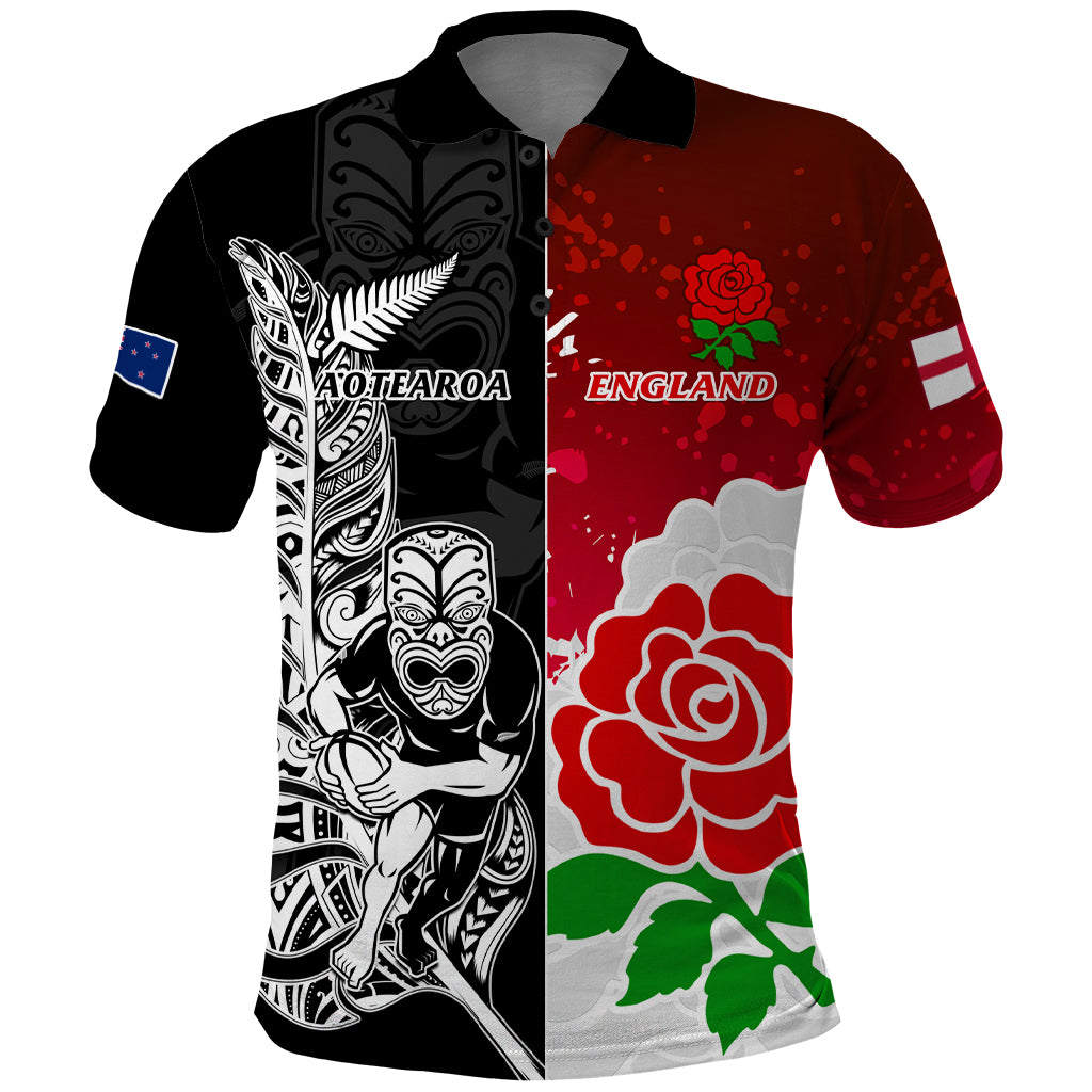 New Zealand And England Rugby Polo Shirt 2023 World Cup All Black Combine Red Roses LT14 Black - Polynesian Pride