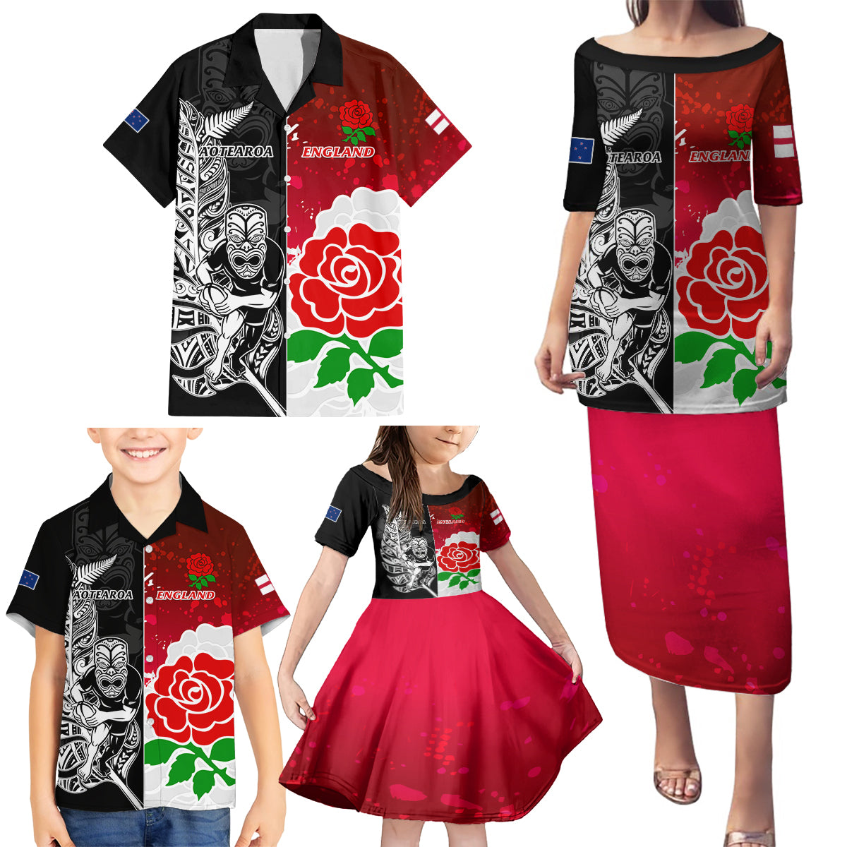 Custom New Zealand And England Rugby Family Matching Puletasi Dress and Hawaiian Shirt 2023 World Cup All Black Combine Red Roses LT14 - Polynesian Pride