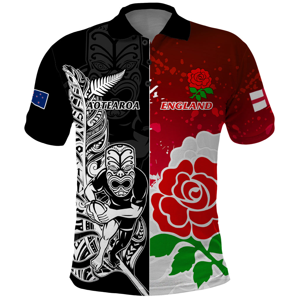 Custom New Zealand And England Rugby Polo Shirt 2023 World Cup All Black Combine Red Roses LT14 Black - Polynesian Pride