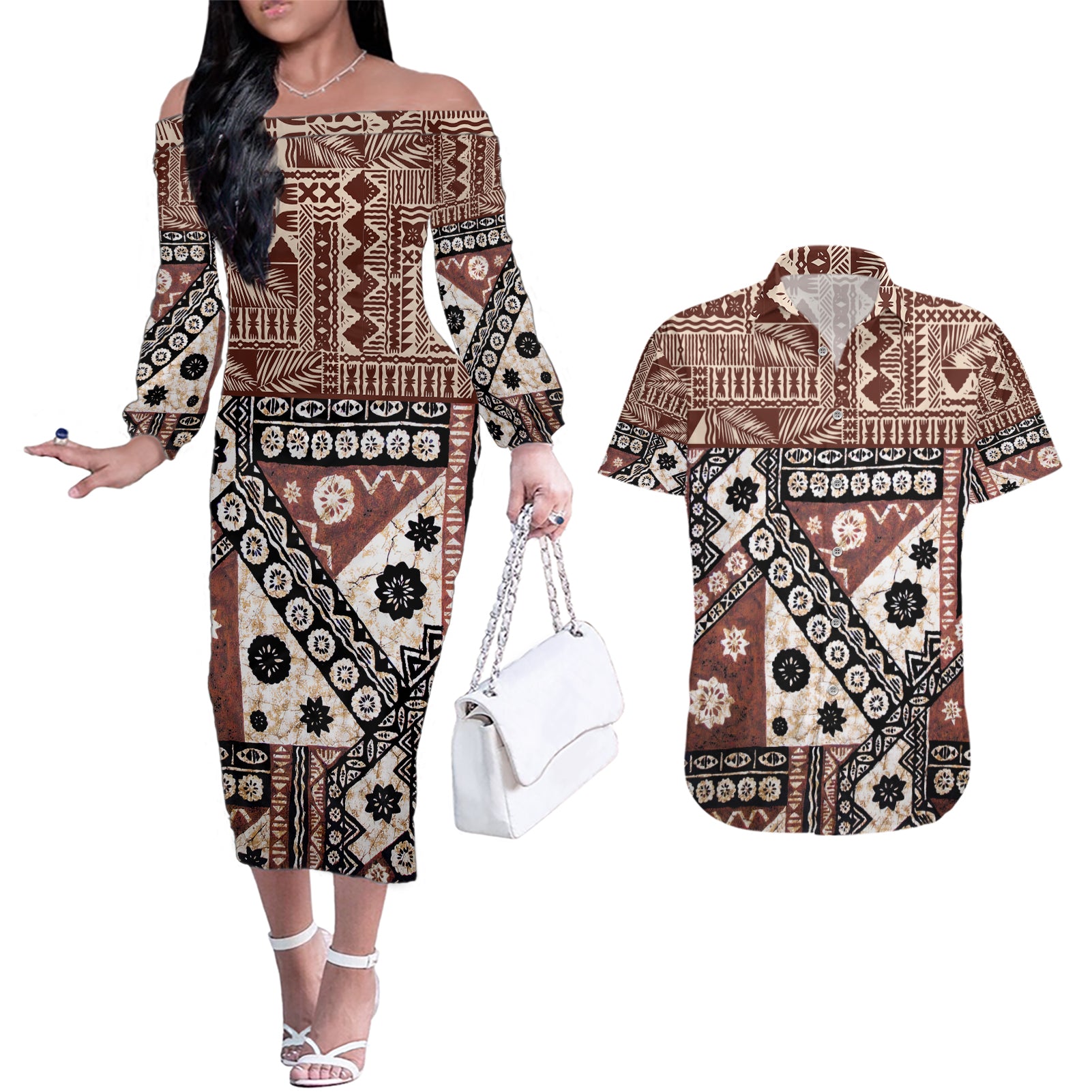 Bula Fiji Couples Matching Off The Shoulder Long Sleeve Dress and Hawaiian Shirt Unique Masi Tapa Pattern LT14 Brown - Polynesian Pride