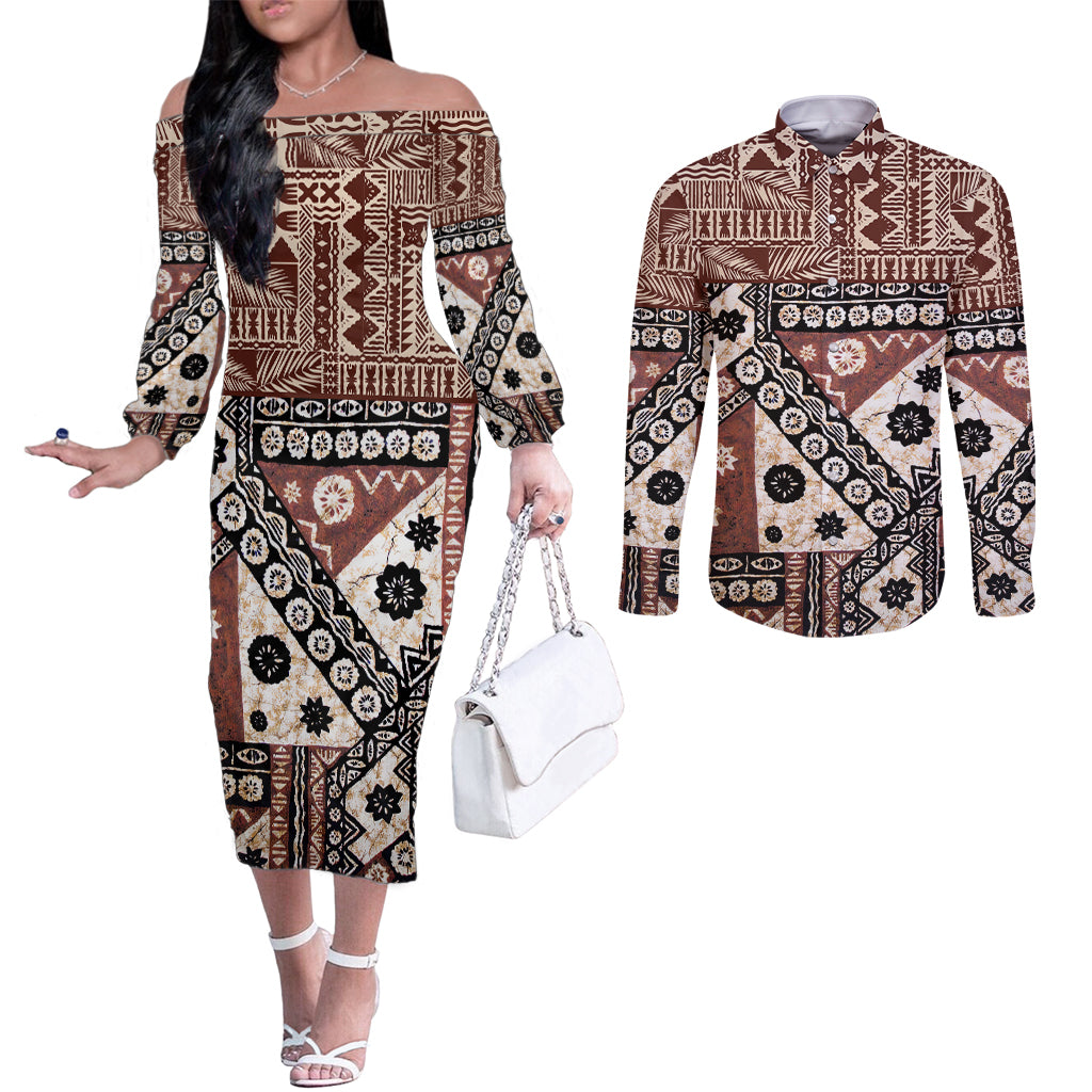 Bula Fiji Couples Matching Off The Shoulder Long Sleeve Dress and Long Sleeve Button Shirt Unique Masi Tapa Pattern LT14 Brown - Polynesian Pride